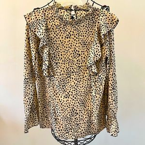 SHEIN Taupe & Black Cheetah Print Blouse Top Shirt with Ruffle Accents